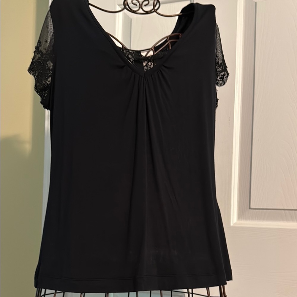 Black Lace Sleeve V-Neck Women’s Top